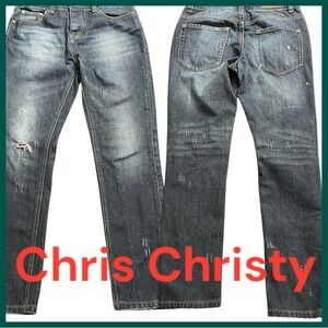 Chris Christy Faded Indigo Button Fly Distressed Slim Straight Jeans (32x30)